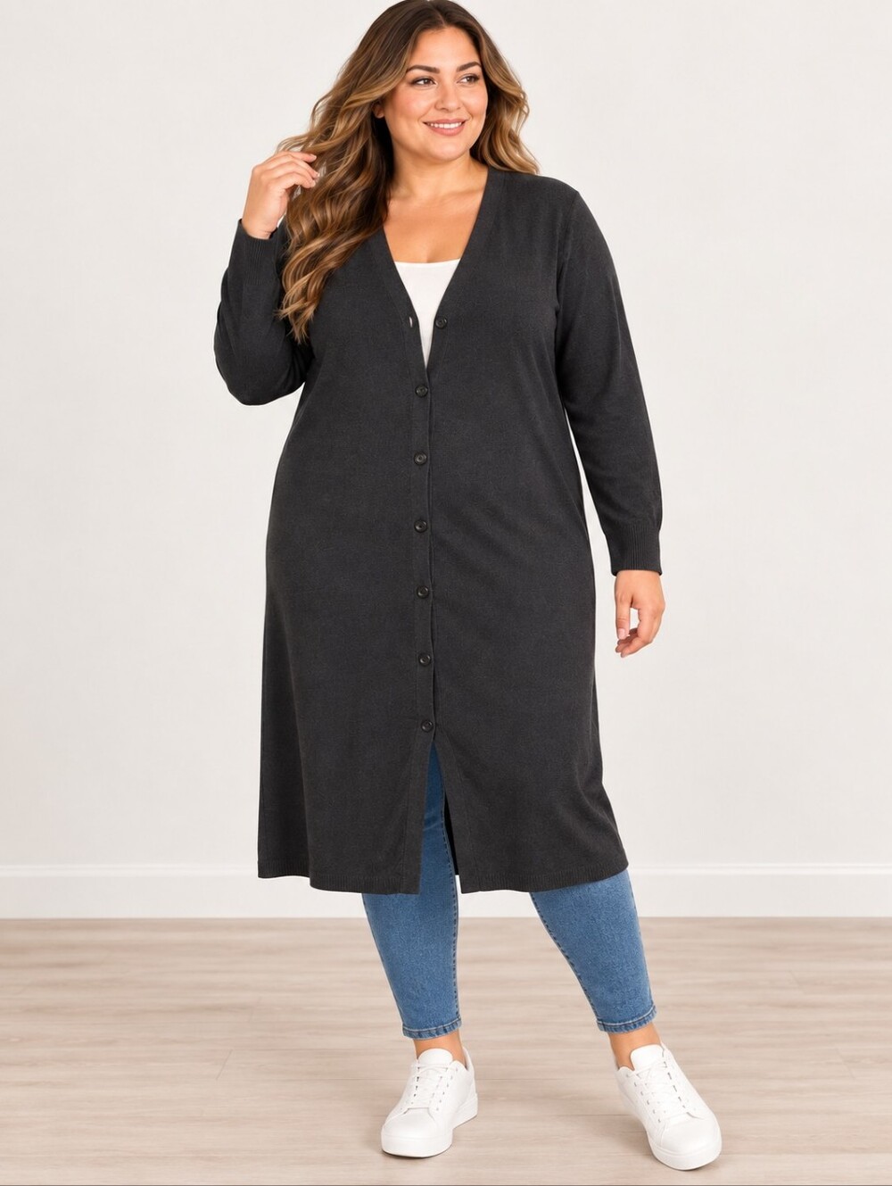 Studio Works Longline V-Neck Button Acrylic Cardigan Sweater 3X Plus Black Women